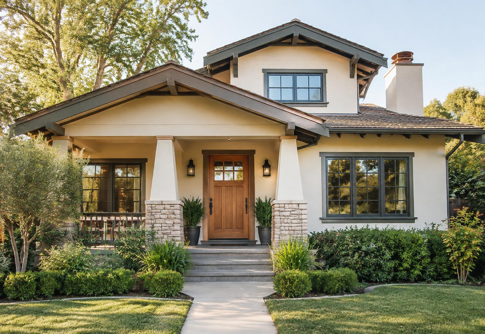 A well-maintained home with a warm wood front door in morning light