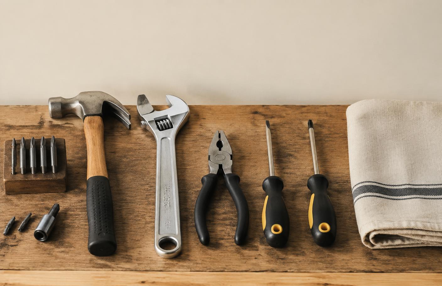 Hand tools arranged neatly on a warm wooden workbench